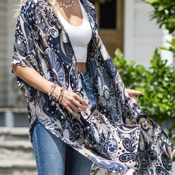 Bohemian Blue Paisley Jacquard Print Kimono Cardigan One Size - Picture 6 of 9